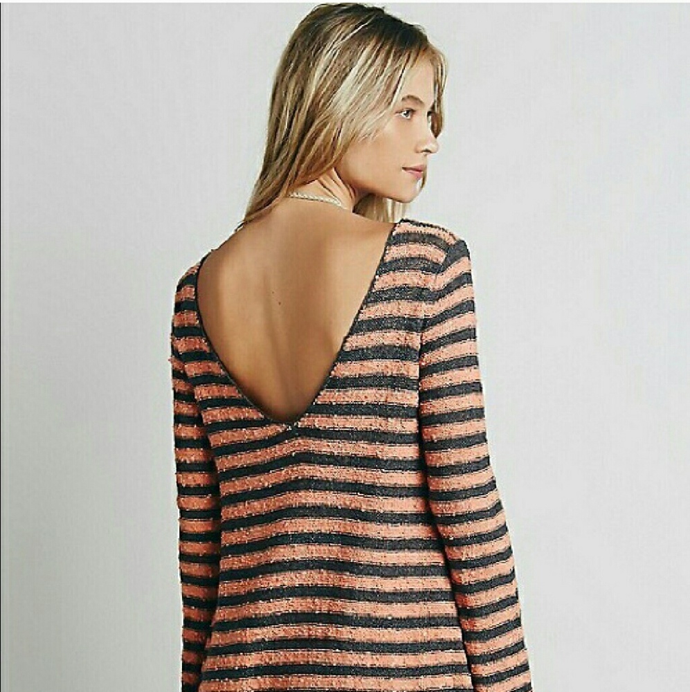 Free People Striped V-Back Knit Dress in Coral and Black
